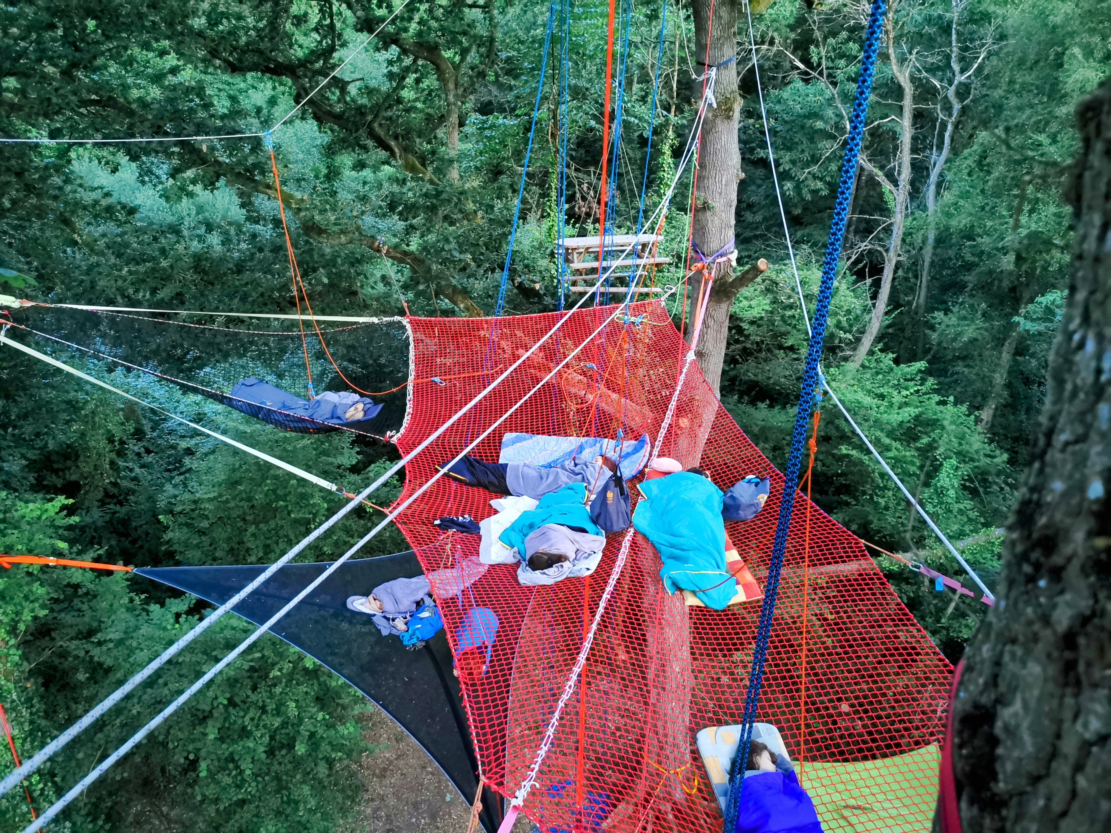 Installation campement bivouac perché en forêt nuit dans les arbres - Expérience unique pleine nature Côtes-d'Armor