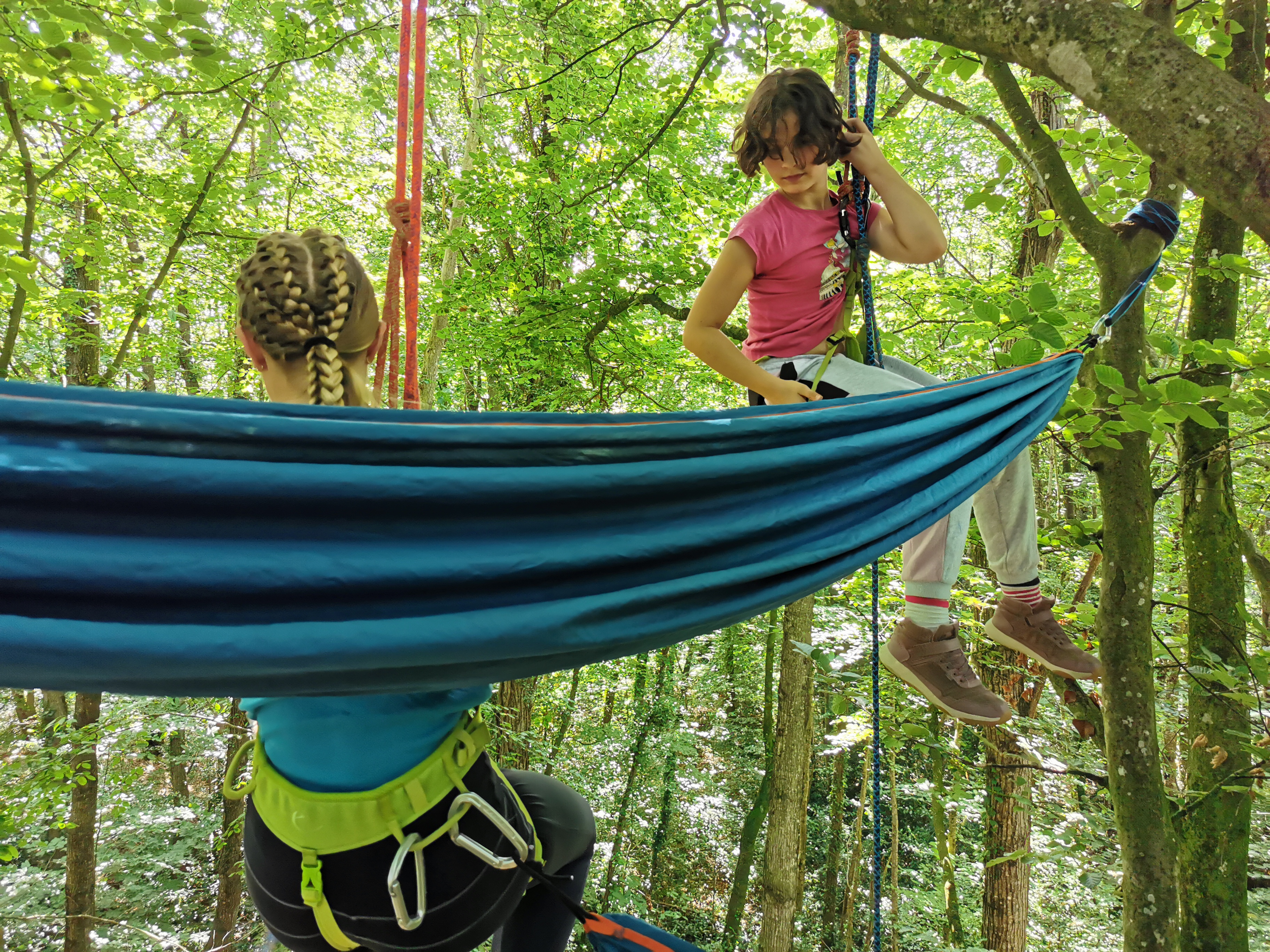 Groupe d'enfants lors d'activités nature stage grimpe d'arbre 8-14 ans - La Tête en l'Air Beaussais-sur-Mer Bretagne