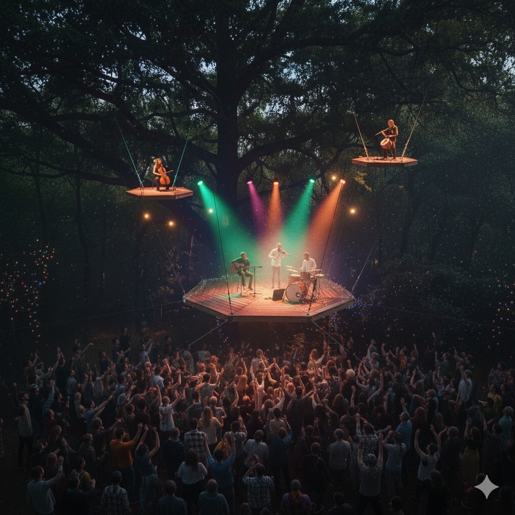 L'Arborium - Scène perchée modulaire avec modules hexagonaux - Visuel d'inspiration pour spectacles et concerts en Bretagne